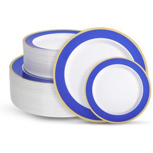 100Pack Plastic Plates Disposable Heavy Duty for Christmas Include 50PCS 10.25inch Dinner plates and 50PCS 7.5inch Dessert Plastic Plates for Party Wedding Birthday New Year (Blue)
