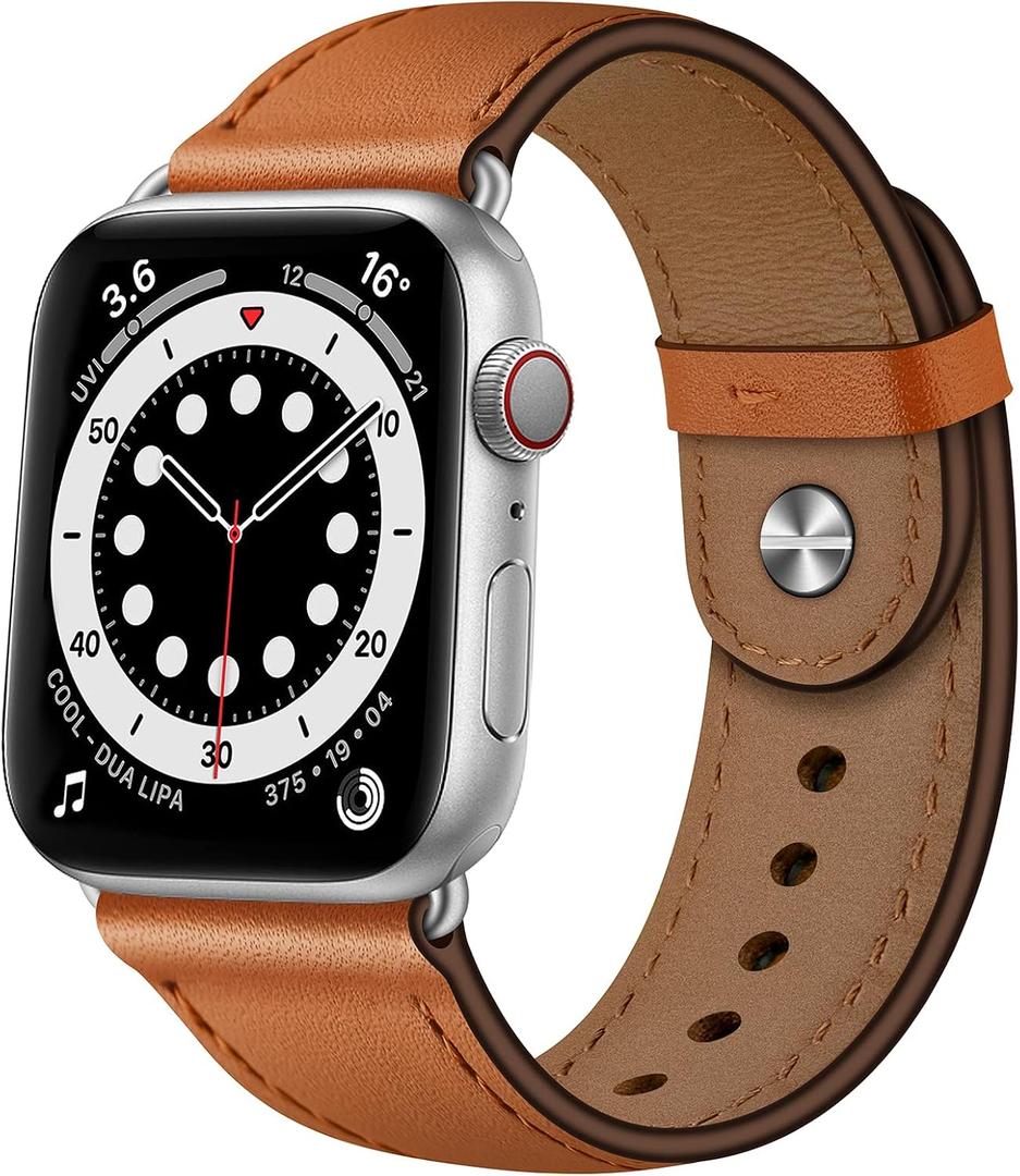 OUHENG Leather Bands Compatible with Apple Watch Band 42mm/41mm/40mm/38mm, Genuine Leather Replacement Strap for iWatch SE3 SE2 SE Series 11 10 9 8 7 6 5 4 3 2 1 (Brown/Silver)