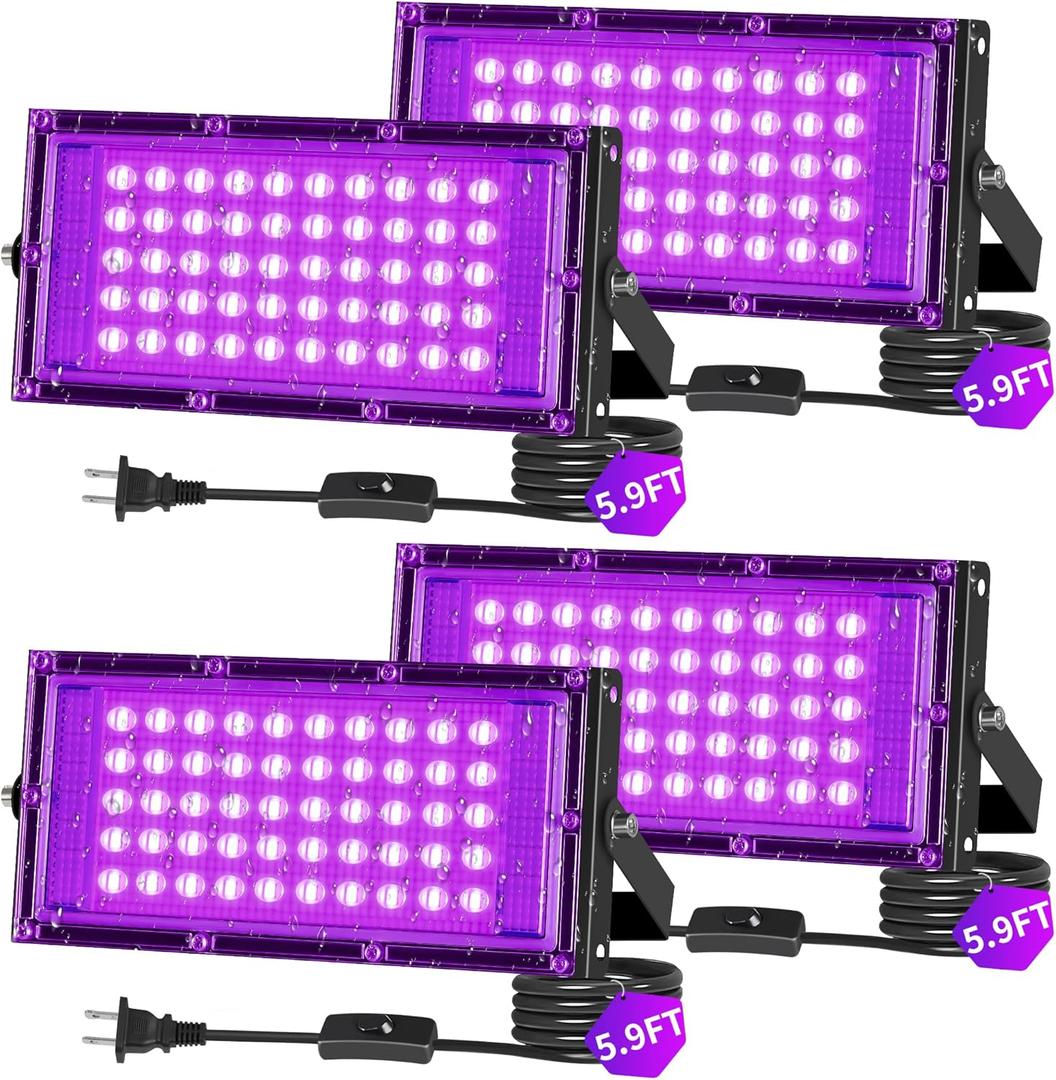 50W LED Black Lights IP66 Waterproof Black Light Outdoor with 5.9ft Plug+Switch, Flood Blacklight for Halloween Glow in The Dark Party Stage Light Neon Glow Birthday 4 Pack