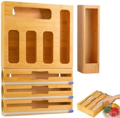 Bamboo Foil and Plastic Wrap Organizer with Cutter, Kitchen Drawer Storage, Dispenser Compatible with Sandwich and Snack Variety Size Bags Ziplock Bag