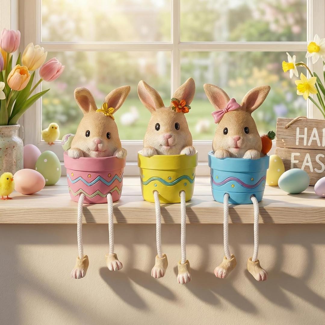 Amyhill Set of 3 Easter Home Decor Indoor, Resin Egg Bunny Figurines Shelf Sitters with Dangling Legs, Easter Table Fireplace Decor for Indoor Home, Spring Holiday Decorations