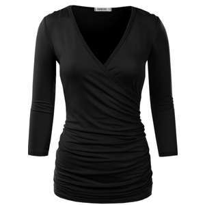 DOUBLJU 3/4 Sleeve Satin Ruched Hem Tank Tops Deep V Neck Tops Casual Basic Wrap Style T Shirts for Womens with Plus Size L