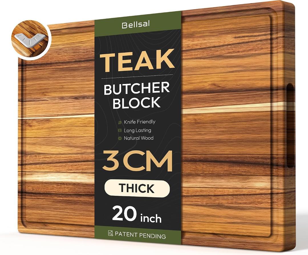 Bellsal Extra Large Teak Wood Cutting Board 20inch for Kitchen Charcuterie Board Heavy Duty Non Slip Feet Over Sink Butcher Block Chopping Board Nice Solid Thick Wooden Juice Groove XXl large Hardwood