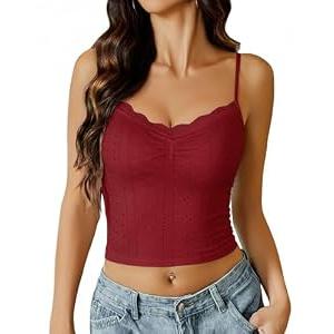 Avidlove Womens Lace Tank Tops Spaghetti Strap Eyelet Pleated Bustier Red Crop Tops Summer Going Out Cami(Red, L)