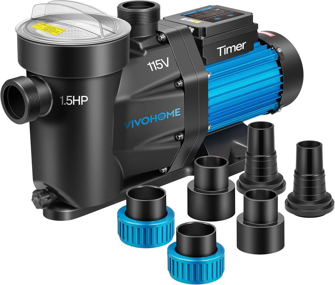 VIVOHOME Self Primming in/Above Ground Swimming Pool Pump w 1.25'' & 1.5" & 2.0'' Unions Energy Saving w/Strainer Baske, 6360 GPH