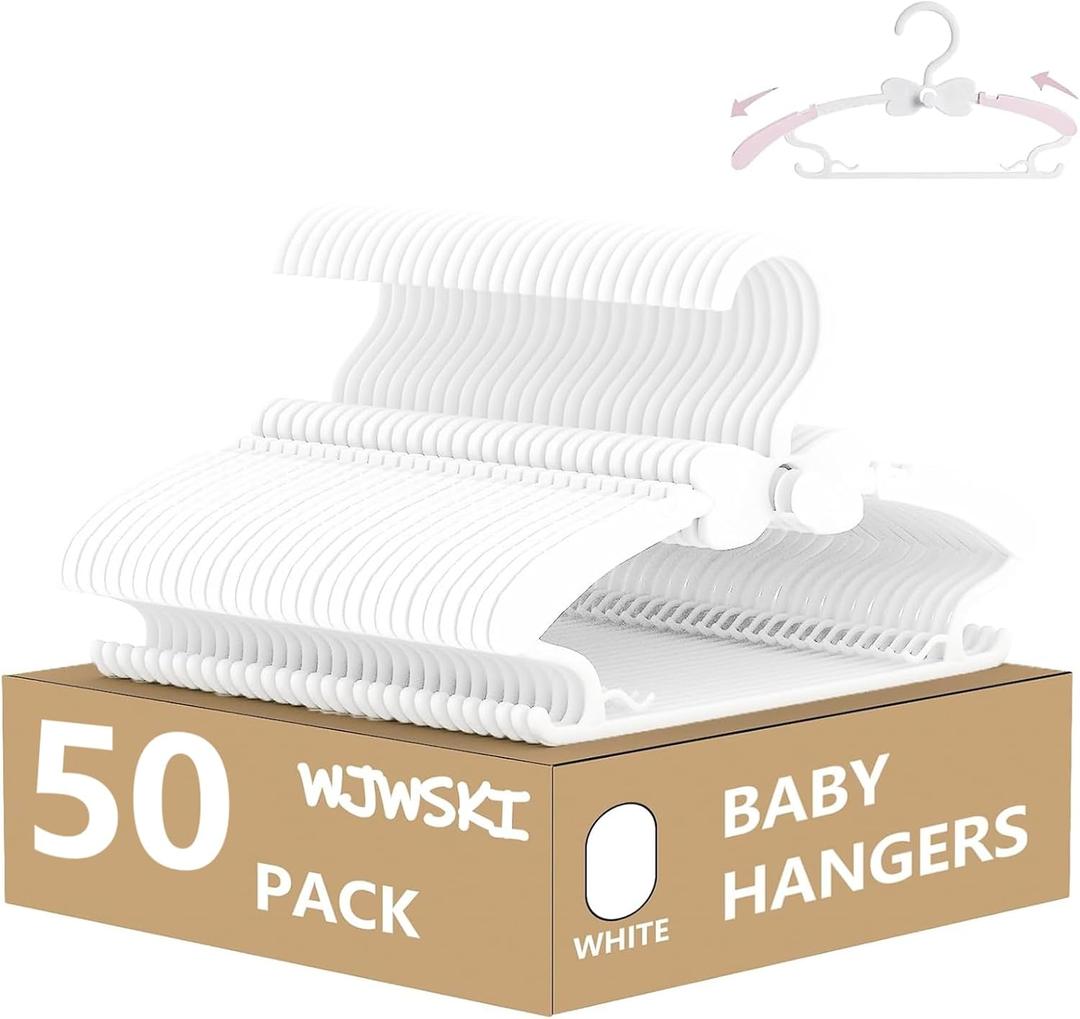Baby Hangers 50 Pack, 11-14.5" Adjustable Kid Hangers for Newborn Closet, Plastic Non-Slip Small Infant Hanger for Toddler Pant, Child Coat Hanger for Boy Nursery Clothing, Girl Dresses, White