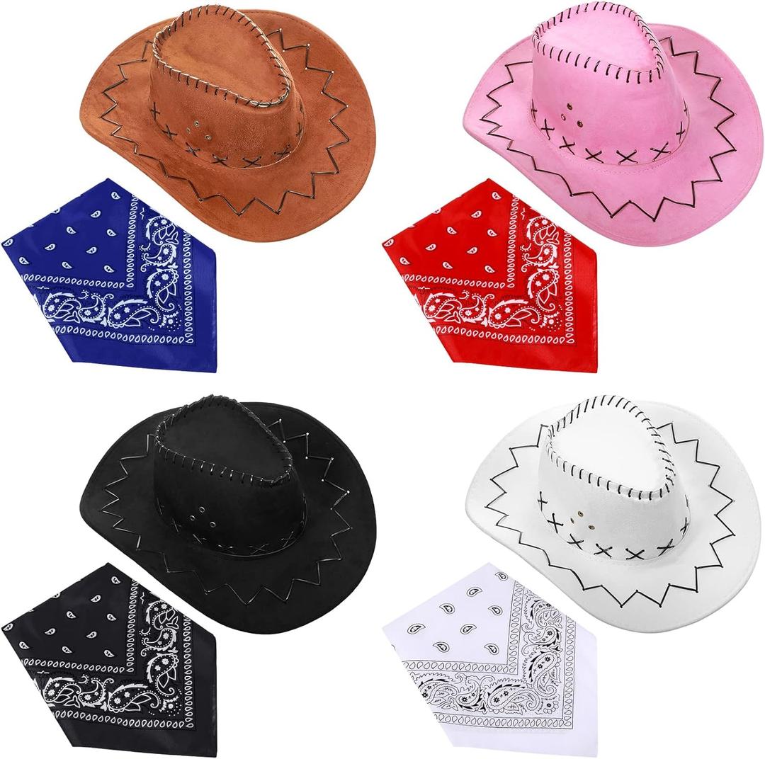 4 Set Cowboy Hats Party Costume Faux Suede Hat and Bandana Bachelorette Cowgirl Hat Western Accessory for Bridal Shower Decor