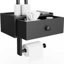 Wooden Toilet Paper Holder with Shelf, Rustic Adhesive Bathroom Toilet Paper Holder Wall Mount with Storage, Farmhouse Toilet Tissue Holder with Wipes Dispenser (Black)