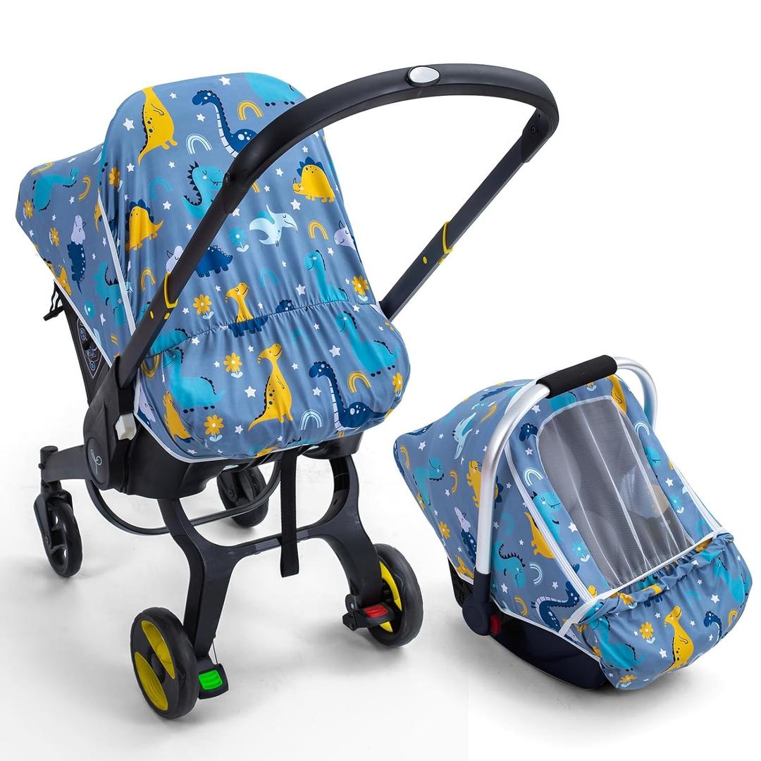 Baby Car Seat Cover, Breathable Carseat Covers Baby with Mesh Screen, Infant Car Seat Canopy Cover for Girls Boys, Newborn Car Seat Sunshield for Summer, Soft Baby Carrier Cover Newborn Essentials (Dinosaur)