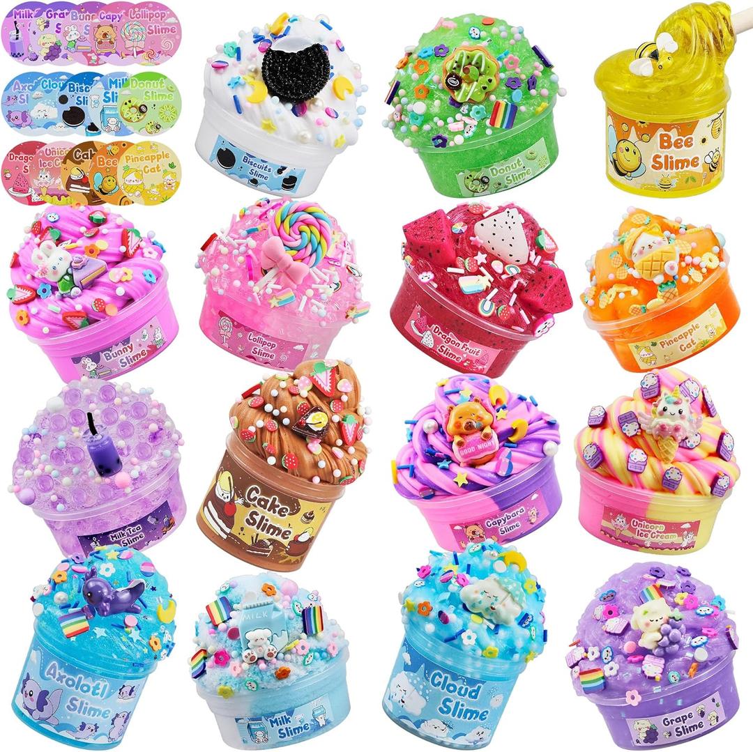 LAWOHO 15 Pack DIY Dessert Slime Kit for Kids - Super Soft, Non-Sticky & Crunchy Butter Slime, Creative Food Theme DIY Toy for Stress Relief, Party Favors, Christmas Birthday Goodie Bag Stuffers Gift