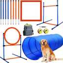 Dog Agility Training Equipment, 60-Piece Dog Obstacle Course Training Starter Kit Pet Outdoor Game with Tunnel, Agility Hurdle, Weave Poles, Jump Ring, Pause Box, Toy Balls and Storage Bag (5 PCS SET with Tunnel)