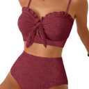 Herseas Women's Seashell Textured Bikini Sets Knotted Front 2 Piece Swimsuits Ruffle Trim Bathing Suits Large