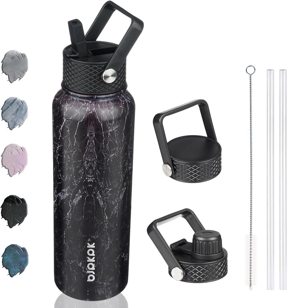 BJPKPK Insulated Water Bottles with Straw Lid, 40oz Stainless Steel Water Bottles with 3 Lids, BPA Free Leakproof Thermo, Tumblers, Cups for Sports, Gym- Midnight