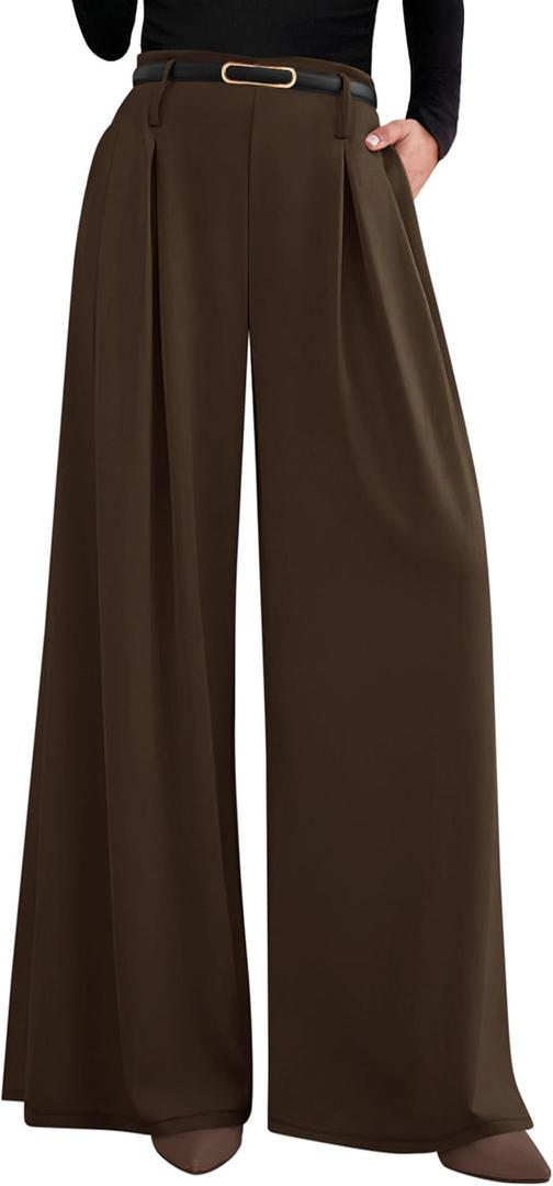 PRETTYGARDEN Womens Wide Leg Trousers 2026 Elastic High Waisted Dress Pants Pleated Slacks Flowy Business Work Palazzo Pants (Small, Brown)