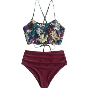 ZAFUL Women's Ruched High Waisted Tankini Swimsuit Criss Cross Bikini Set Tummy Control Bathing Suit (X-Large, Plum Pie)