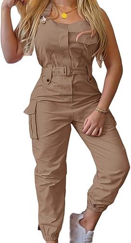 DMHBHZH Jumpsuits for Women, Sleeveless Adjustable Straps Belted Ankle Tied Loose Bib Overalls, M