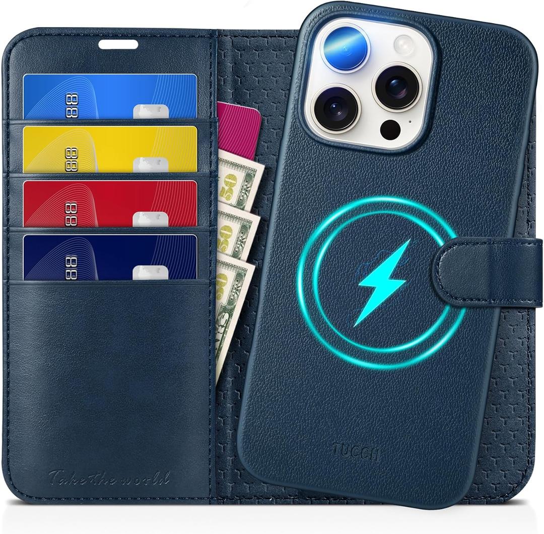 TUCCH Wallet Case for iPhone 16 Pro Max, [Removable] RFID Blocking 4 Card Slot Protective Wireless Charging Magnetic PU Leather Stand Detachable Folio Compatible with iPhone 16 Pro Max, Full Dark Blue