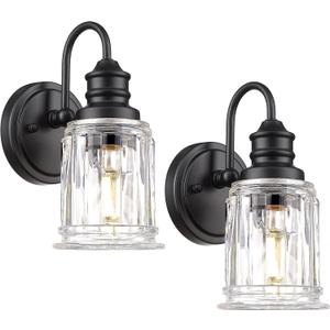 HWH Wall Sconces Set of 2, 1-Light Matte Black Bathroom Light Fixtures, Modern Single Vanity Light Wall Lamp with Bell-Shaped Clear Glass, 5HZG106B-2 BK
