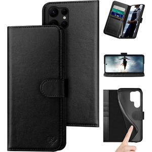 Compatible with Samsung Galaxy S25 Ultra Genuine Leather Wallet caseRFID Blocking4 Credit Card HolderReal Leather Flip Folio Book Phone case Cover Women Men for S25 Ultra case Black