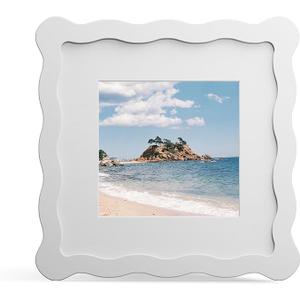 THKRLOF 6x6 Picture Frame with Mat for 4x4, Wavy Edge Wooden Real Glass Photo Frame for Tabletop and Wall Hanging, White, 1 Pack