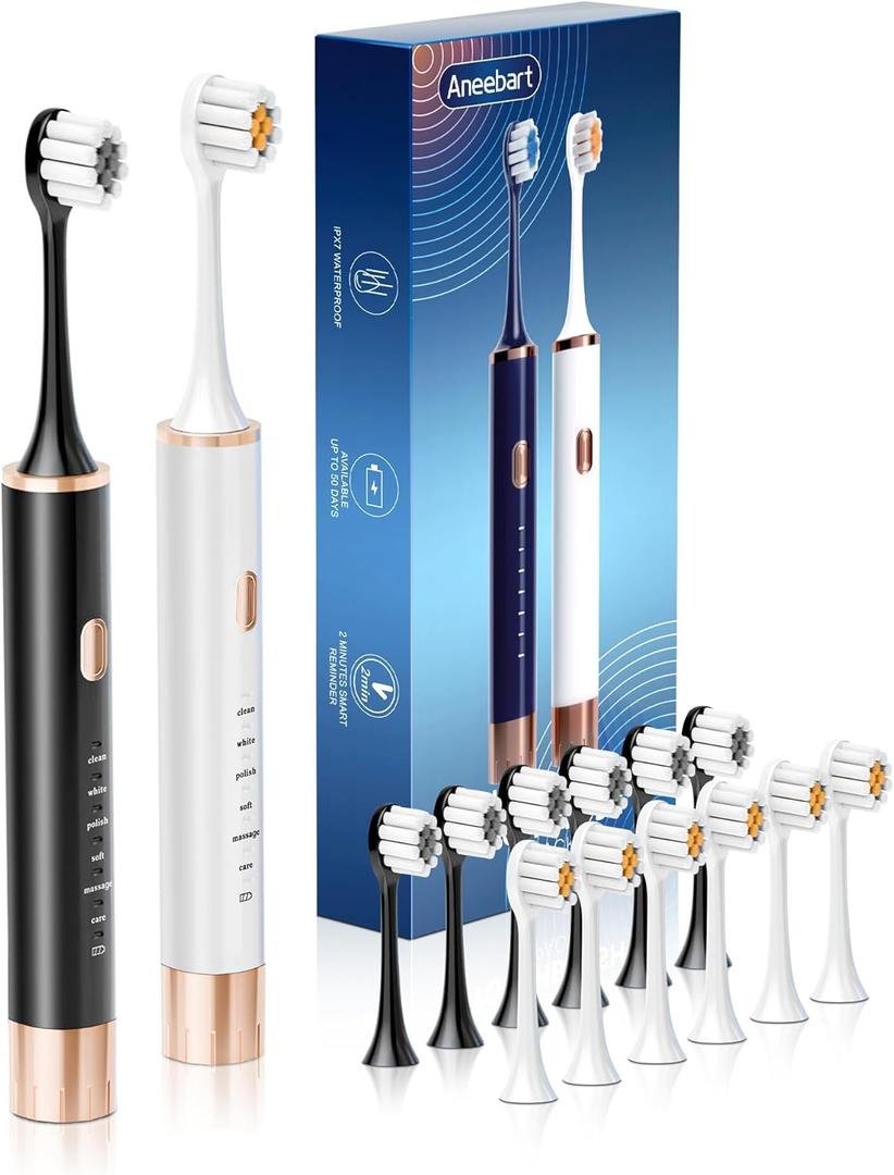 Aneebart Sonic 2 Pack Electric Toothbrush for Adults and Kids, Travel Toothbrush Includes 12 Replacement Toothbrush Heads, 6 Modes with 2 MIN Smart Timer (Black White)