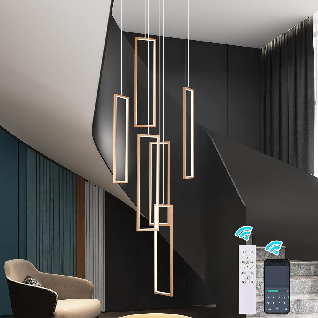 GEADI Modern Led Chandelier with Remote, Foyer Chandeleirs for High Ceilings, Dimmable Large Chandelier Staircase Pendant Light Fixture for Entryway Living Room(6 Lights,3000-6500K) (Gold/6 lights (Each frame is H31.49IN))