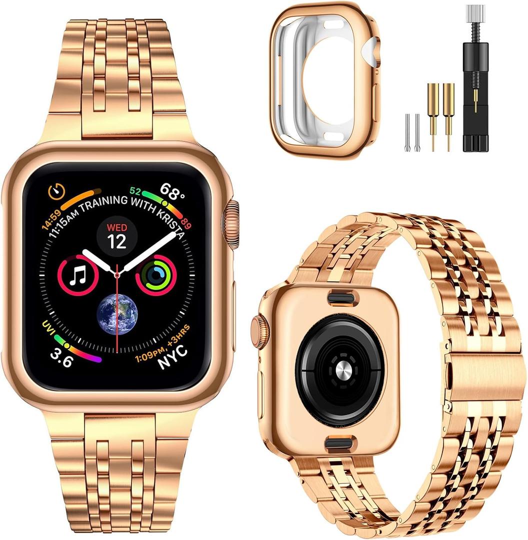MioHHR Compatible with Apple Watch Band 42mm Series 11 10, Solid Stainless Steel Metal Strap Band for iWatch 42mm Series 11 10, Rose Gold