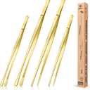 4 Pcs Fine Long Tweezer Tongs Professional Gold, 12'' and 10'' Stainless Steel for Kitchen, Food, Cooking, Repairing, Sea food and BBQ