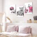 3Pcs Framed Leopard Print Canvas Wall Art Picture Fashion Cheetah Printed Stylish Pink Books High Heels Perfume Poster Painting Preppy Girl Wall Decor for Living Room Women Bedroom 12x16in