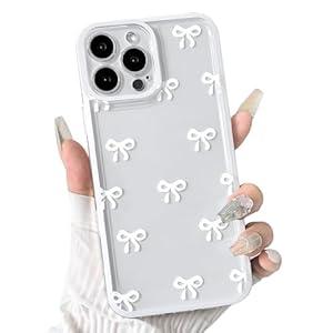 NITITOP Compatible with iPhone 13 Pro Max Case Cute Clear White Durable Ribbon Bowknot Pattern for Girls Women Soft TPU Transparent Full Camera Lens Shockproof Protective Phone Cover - White