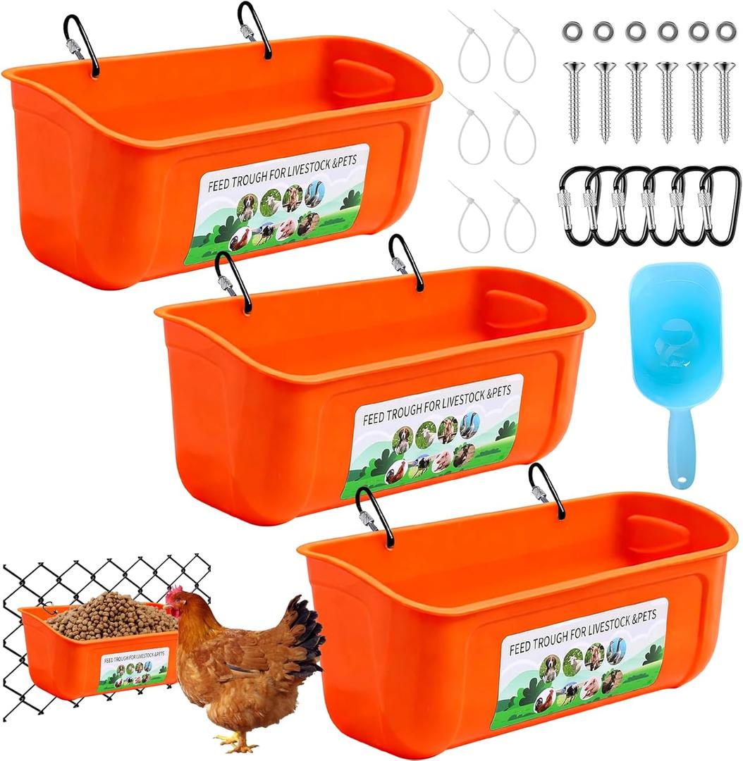 3 Pack Chicken Feeder, Duck Feeder Supplies, Hanging Fence Feed Trough with Clips for Goat, Sheeple, Piglet, Gooses, Turkeys, Dog Livestock Poultry, 8 Quarts in Total, Feed Scoop Included, Orange
