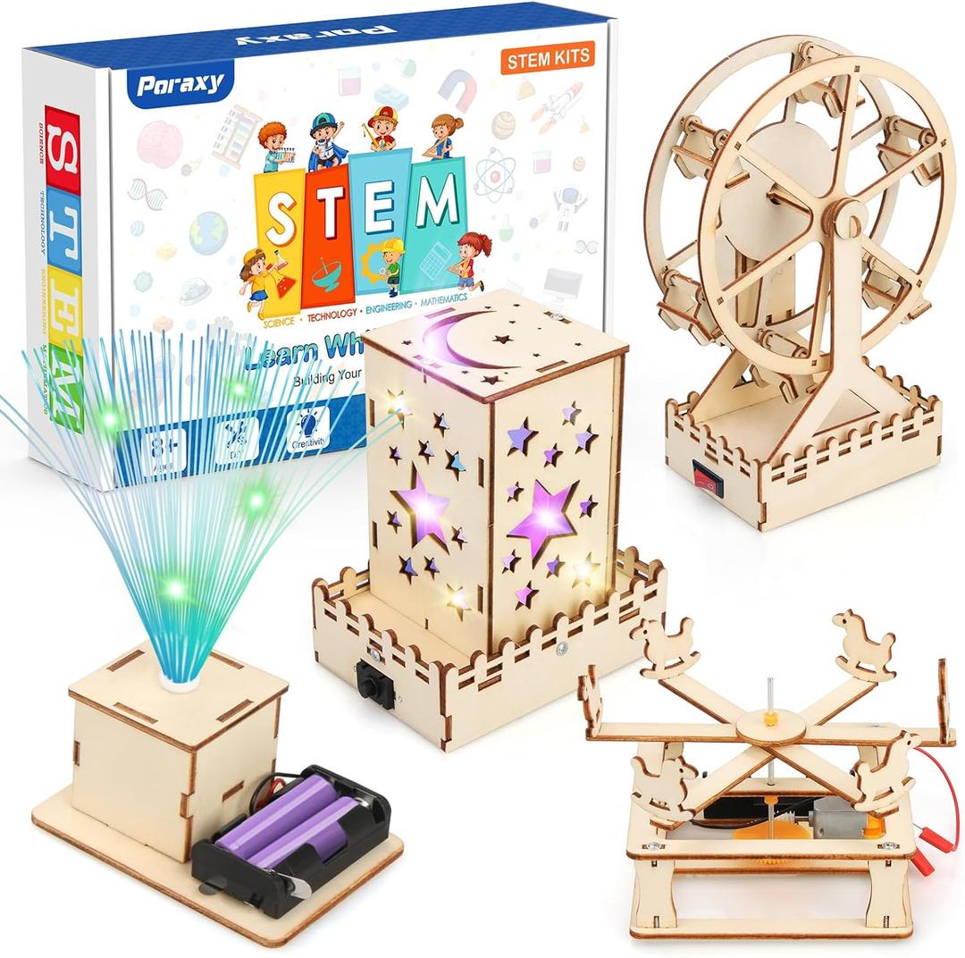 Poraxy 4 in 1 STEM Kits for Kids Age 8-10, Science Kits Building Projects for Kids, STEM Toys for Boys Girls Age 8-13, 3D Puzzles Educational Craft 8-12, Birthday Gifts for 6 7 9 10 11 12 13 Year Old