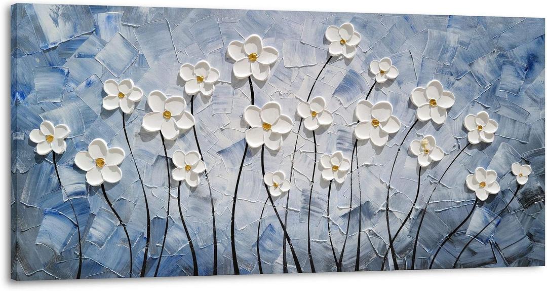 YHSKY ARTS 3D Hand - Painted White Floral Wall Art with Printed Blue Background, Textured Flower Decor for Home, 39.3"L x 19.6"W