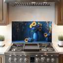 DAIFURONGE Blue Vase Tempered Glass Backsplash For Kitchen Behind Stove,Stove Backsplash Top Cover,Easy to Clean Glass Splashback, Sink Cover Splash Guard,Home Kitchen Wall Decor (30"x16"(76.2x40.64cm))