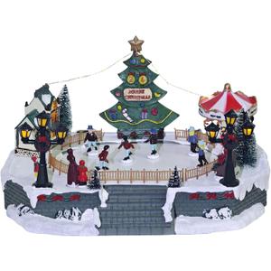 Christmas Village Ice Skating Pond Colorful Animated Scenes with 6 Magnetic Moving Skater Figurines Musical Christmas Village Ice Skating Rink for Xmas Decorations