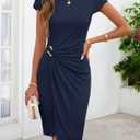 MEROKEETY Women's Summer Cap Sleeve Bodycon Short Dress 2026 Wrap Elegant Cocktail Wedding Guest Party Date Night Dresses, Navy, XL