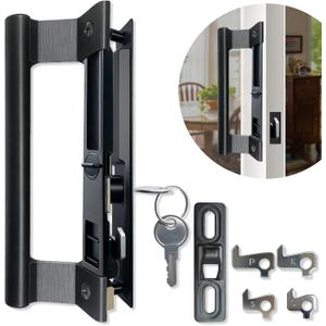 Sliding Glass Door Handle Set with Lock - Easy to Install,Patio Sliding Door Handle Fits for 1 to 1-1/8 Door Thickness,6-5/8" Screw Hole Spacing,Perfectly Replacement for Old Handle(Black)