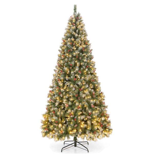 9-ft Artificial Christmas Tree Hinged with 650 Warm LED Lights and 309 Red Berries