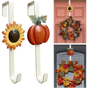 2 Pack Fall Wreath Door Hanger with Pumpkin & Sunflower, Fall Decoration Metal Over The Door Single Fall Wreath Hanger Ornament Halloween Wreath Hangers for Front Door, Door Wreath