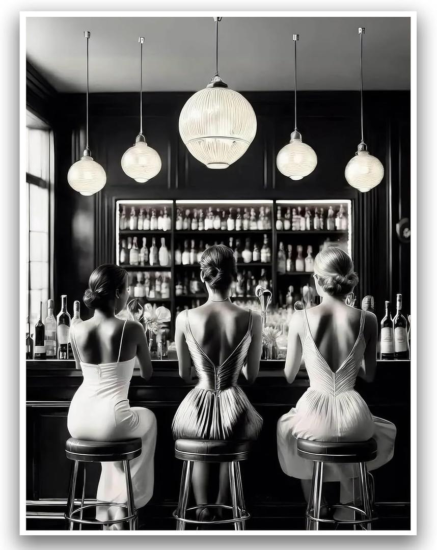 Vintage Black and White Posters Kitchen Wall Art Bar Cart Print Alcohol & Fashion Picture Trendy Women Drink Cocktail Wall Art for Living Room Store Apartment Dorm Aesthetic 12x16 Inch Unframed Decor (16L" x 12W", Noir Bar Trio)