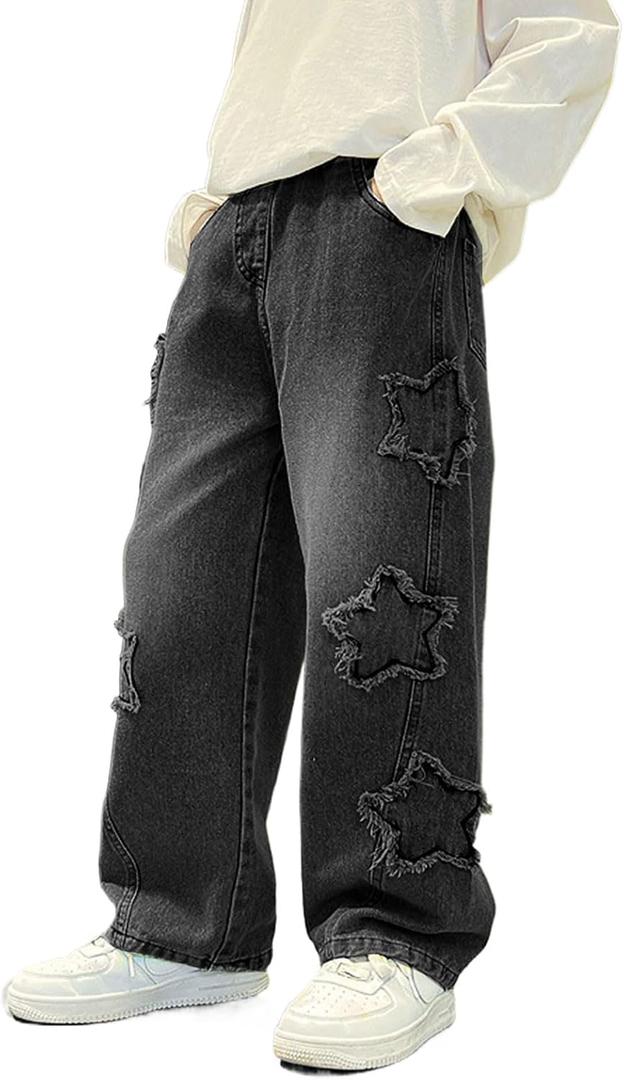 Boy's Pull On Jeans Cute Star Baggy Denim Pants Elastic Waist Straight Wide Leg Jeans for Teen Boys (10, Black)