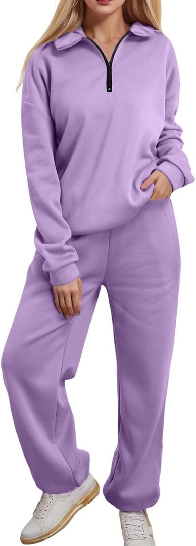 2024 Women Two Piece Outfits Sweatsuit Set Quarter Zip Oversized Sweatshirt Wide Leg Sweatpant Winter Lounge Set Tracksuit, Size XS