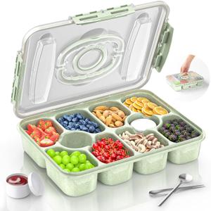 Snackle Box Container - Dishwasher Safe Divided Serving Tray with Lid and Handle for Fruits, Charcuterie, Nuts and Candy, Snack Containers Perfect for Travel Party Picnic, 2 Pack Green