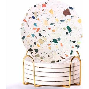Terrazzo Drink Absorbent Coasters with Holder Set of 6, Ceramic Coaster for Drinks, Coffee Table Decor, Water Absorbing Stone Coaster for Drinks (Mosaic)