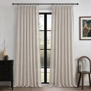 Extra Wide Pleated Thick Linen Semi Sheer Curtains 96 Inches Long for Dining Room, Greyish Brown Memory Trained Viral Curtain 2 Panels Set Light Filtering Privacy Farmhouse Windows Drapes 8FT Length