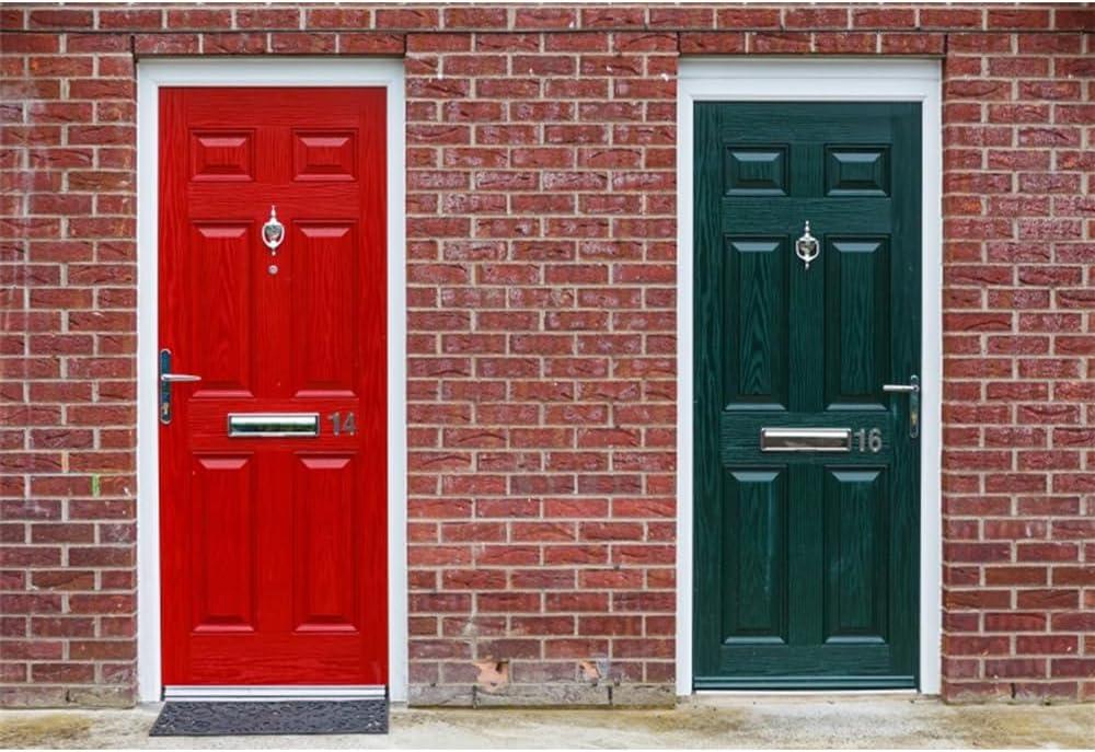 Renaiss 8x6ft Red & Green Door Backdrop for Photoshooting Vintage Doors on Red Brick Wall Photography Background Retro Bricks Front Doors Party Decors Portrait Street Snap Photo Booth Props