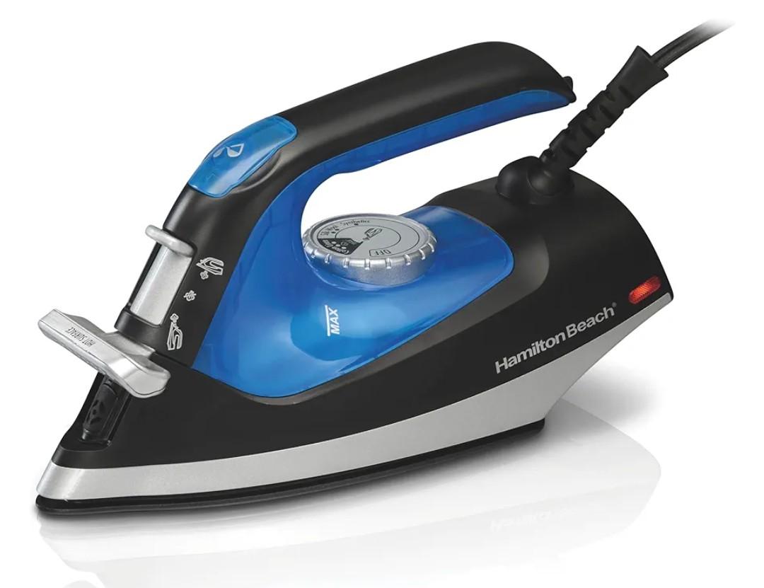 Hamilton Beach 2-in-1 Steam Iron for Clothes and Garment Steamer with 5 Temperature Settings, Nonstick Soleplate, 1200 Watts, 8’ Cord, Black & Blue (14525F)