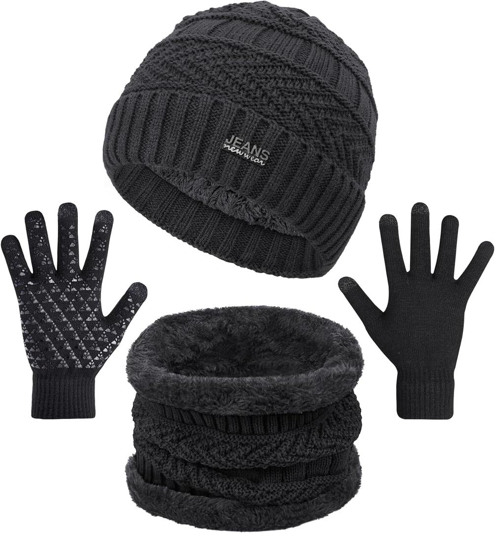 Senker Fashion Winter Beanie Hat Scarf and Touchscreen Gloves Set for Men, Warm Knit Skull Cap with Fleece Lined Gifts (Black)