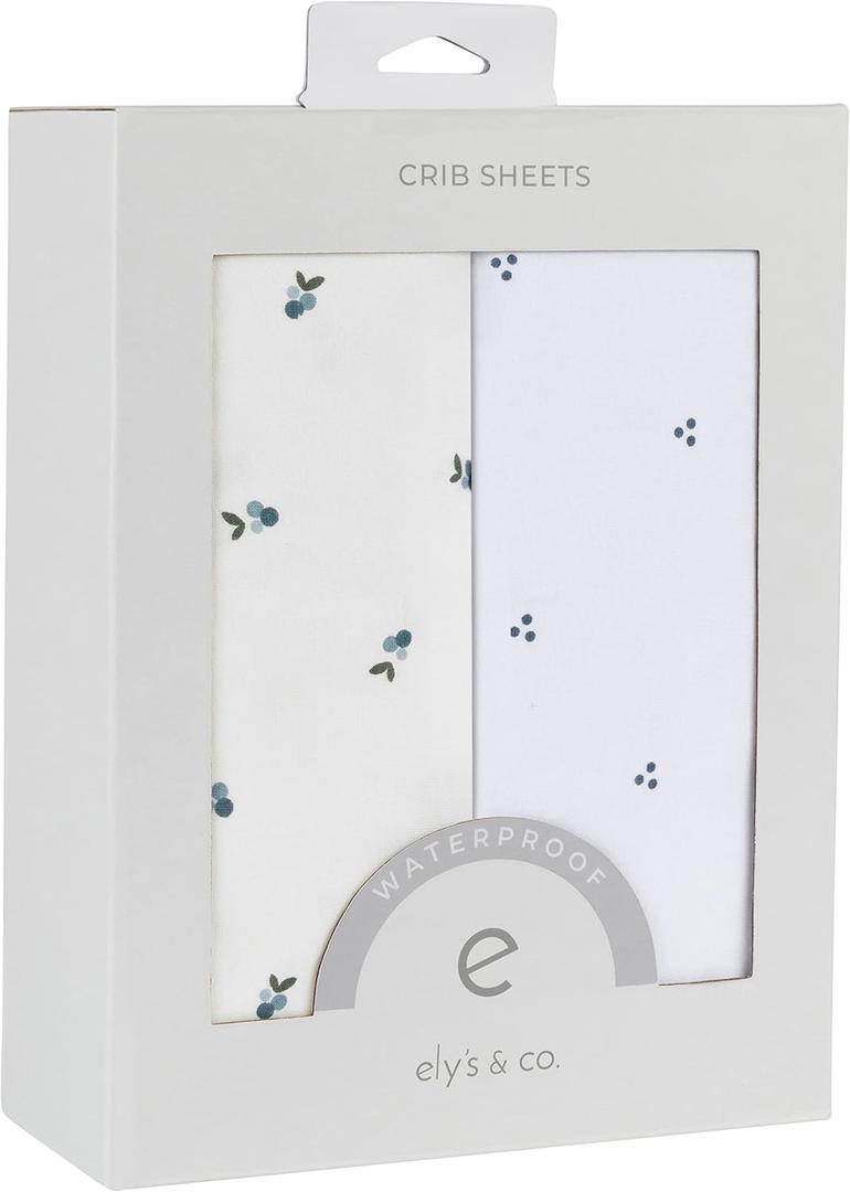 Ely's & Co. Patent Pending Waterproof Crib Sheets, 100% Cotton with Waterproof Lining - Built in Mattress Protector, 2 Pack Fitted Crib Sheet Set, Berry and Cluster Dot (Blue) 28 x 52
