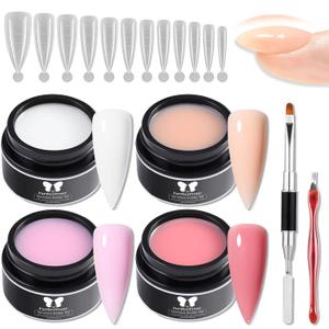 Builder Gel Nail Kit, 4 Colors Polygel for Nail Extension (Milky White, Nude, Pink, Orange) with Dual Nail Forms & Brush, UV/LED Soak Off Nail Sculpting Gel for Overlay & Repair